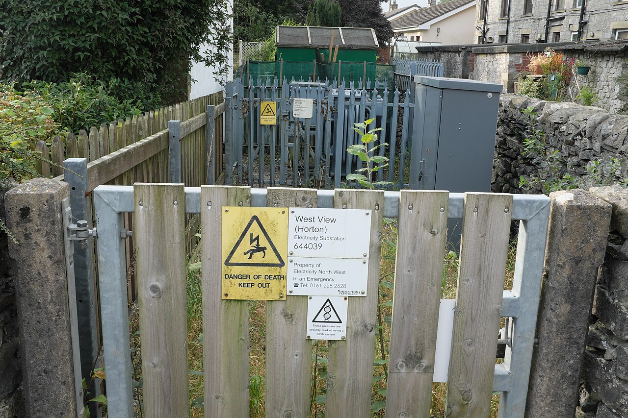An electricity substation beneath power lines