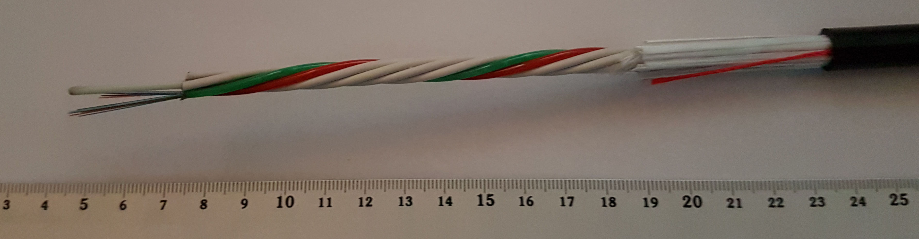 Cross section of an optical-fiber cable with colored inner fibers