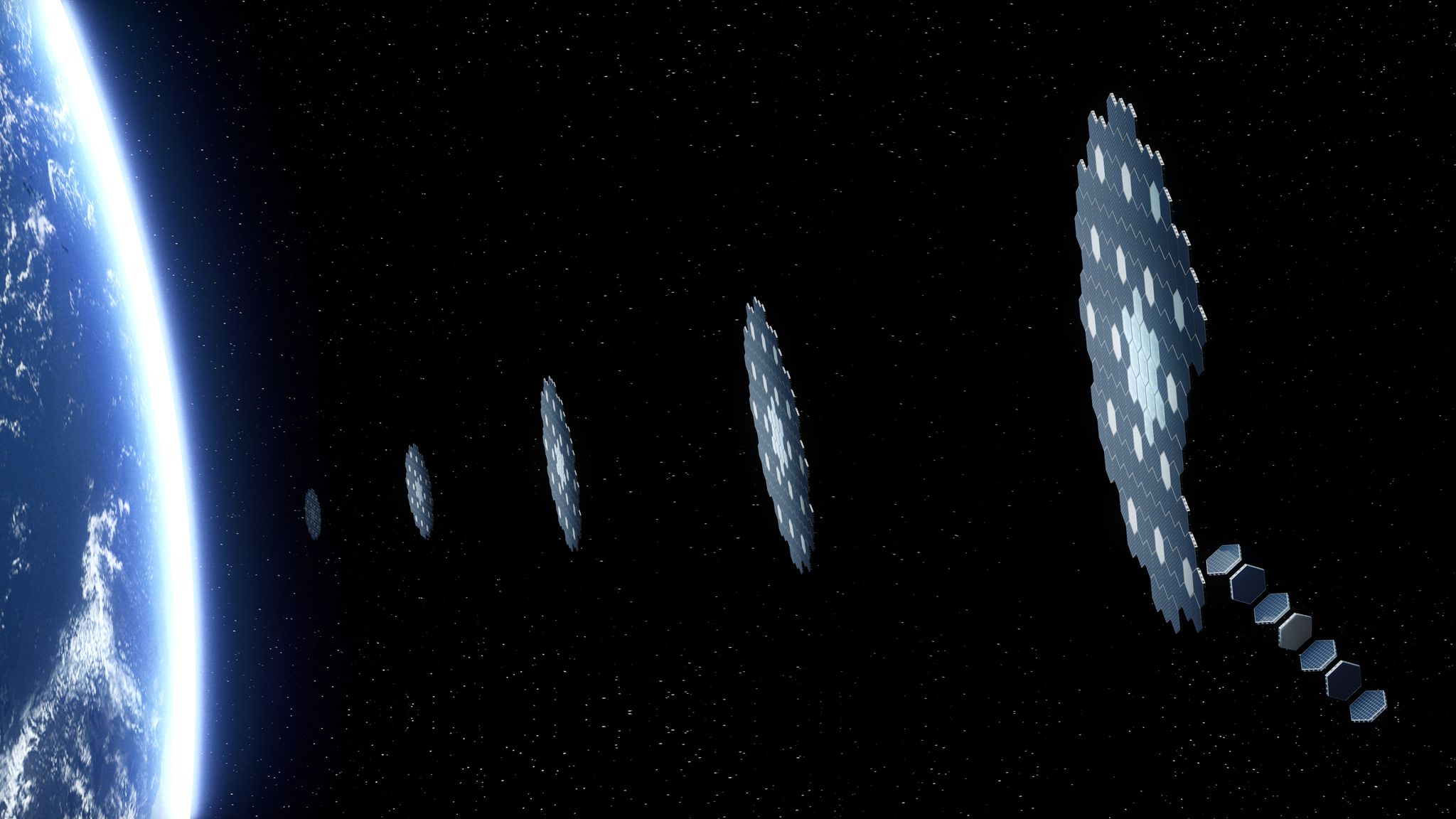 Company rendering of modular spacecraft arrays near Earth